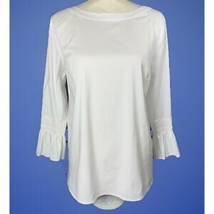 J Jill White Shirt Collection Top Medium Smocked Ruffle 3/4 Sleeve Summer Office